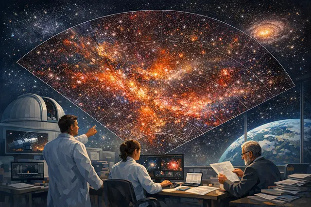 AI-generated visualization depicting a vast cosmic map filled with stars and galaxies, representing the 5.6-trillion-pixel 2D map of the universe.