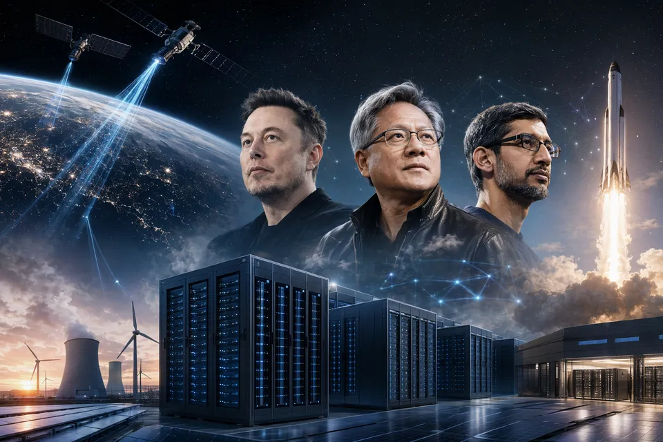 Concept illustration of solar-powered orbital data centers processing AI workloads in space