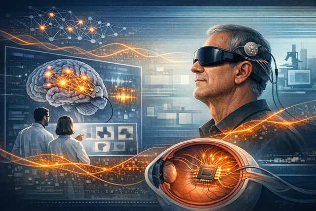 Conceptual representation of AI-powered bionic vision: electrical signals traveling between a neural implant and a human brain.