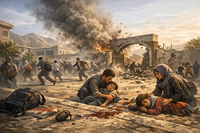 Illustrative editorial image of a damaged school courtyard in Kabul after a reported grenade explosion