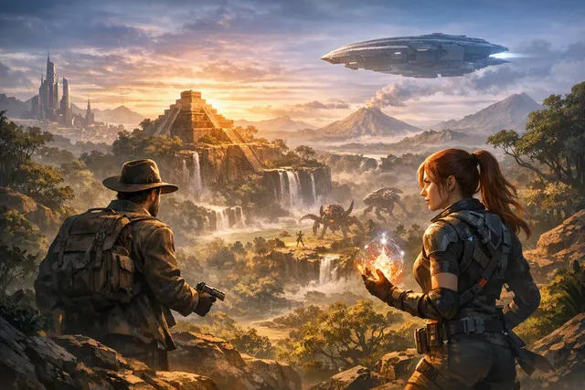 Caravan SandWitch key art: a van on the desert planet Cigalo with sci-fi ruins in the background
