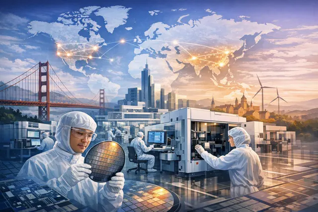Conceptual illustration of semiconductor wafer fabrication and AI chip design, representing Lam Research's $3 billion R&D lab expansion for AI-era chip manufacturing.