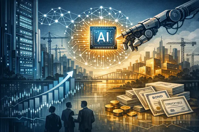Abstract editorial illustration of AI data centers connected to stock and bond market symbols, showing financial concentration risk