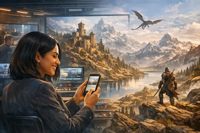 A dramatic conceptual image representing The Elder Scrolls VI, with a mysterious eight-character subtitle placeholder, set against a dark fantasy landscape with a giant inflatable