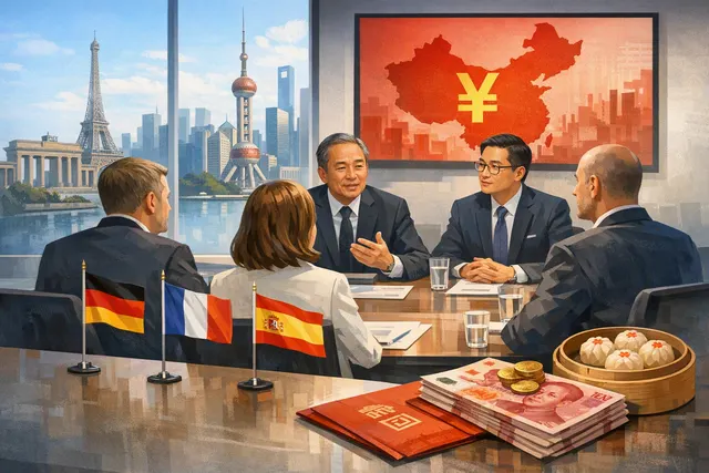 Euro coins and Chinese yuan banknotes arranged on a world map, symbolizing the financial tension between European sovereign debt and China's dim sum bond market.