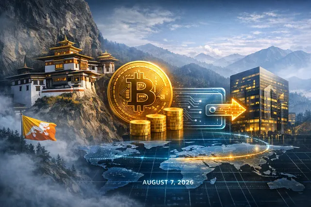 AI-generated image of a row of Bitcoin mining rigs with Bhutanese flag motifs, set against a Himalayan mountain backdrop, representing the end of the kingdom's hydropower mining er