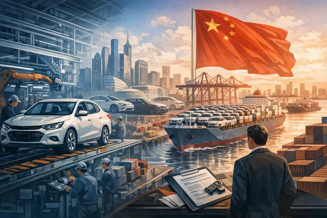 Illustration of a Chevrolet vehicle leaving a Chinese showroom while GM factories shift toward global exports
