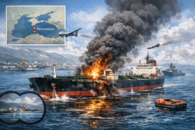 Editorial illustration of a Suezmax oil tanker near Novorossiysk after a drone strike in the Black Sea