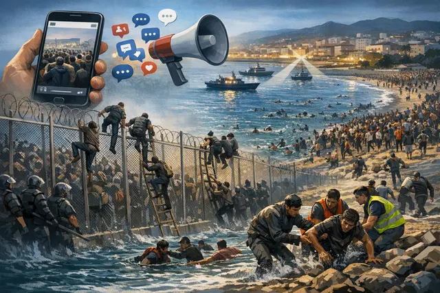Migrants gathering on a beach near Ceuta during the July 2026 mass crossing from Morocco into the Spanish enclave.