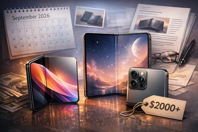 A conceptual rendering of Apple's rumored foldable iPhone Ultra, shown open with a 7.8-inch inner display in a book-style format.