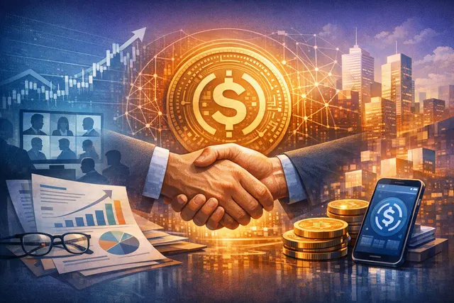 Abstract digital illustration of the Circle and USDC brand marks against a financial chart background, representing Circle's Q2 2026 earnings and stablecoin growth.