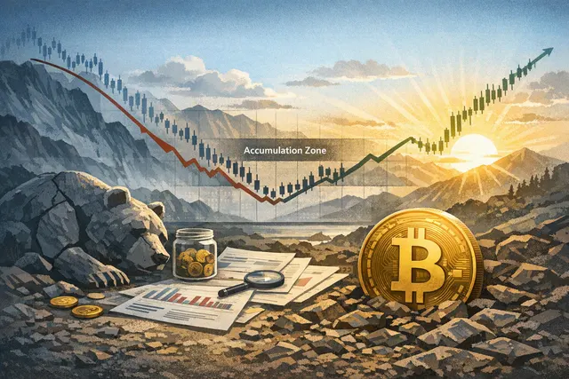 Abstract illustration of Bitcoin moving through a dark market phase toward potential accumulation