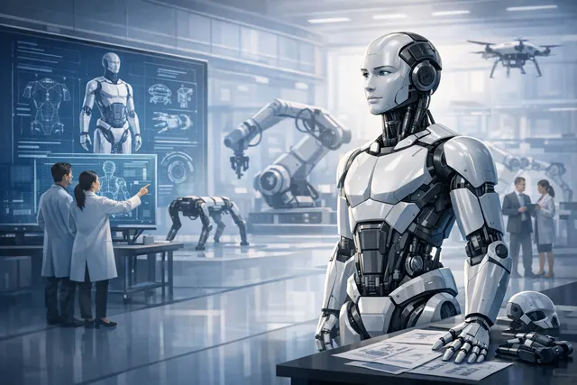 BYD humanoid robot concept featuring a sleek white and silver design, standing in a modern showroom environment