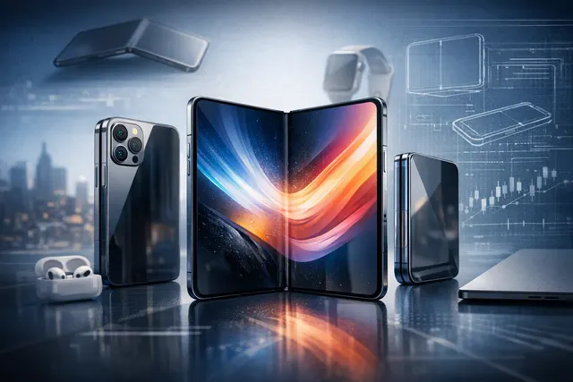 A conceptual render of Apple's rumored foldable iPhone Ultra, shown in an unfolded state with a large display and a titanium body.