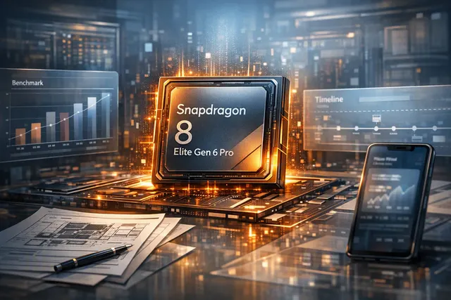 An abstract digital rendering of a smartphone chip with futuristic circuit patterns, representing the leaked Snapdragon 8 Elite Gen 6 Pro processor.