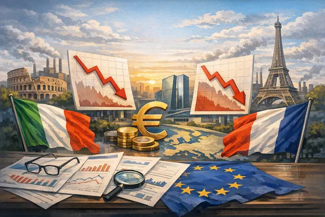 Abstract illustration of a factory with declining graphs and European Union flags, representing industrial output misses in Italy and France.