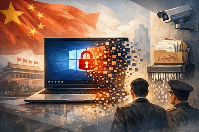 Illustration of China replacing a Microsoft Windows government computer system with domestic technology