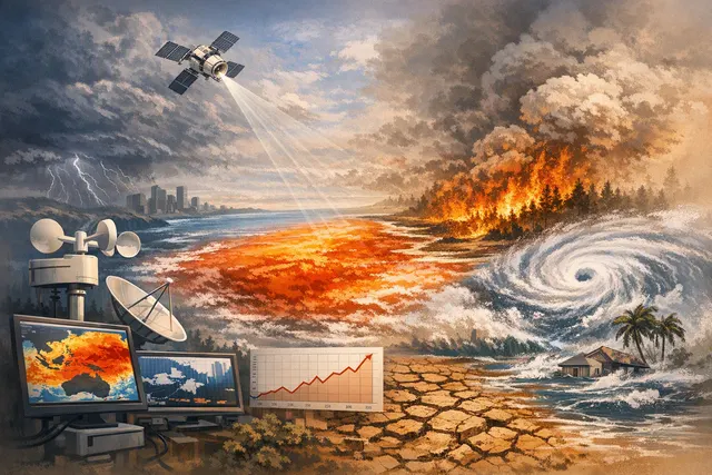 Satellite-style visualization of Pacific Ocean sea surface temperature anomalies during the 2026 Super El Niño, with warm colors concentrated in the central and eastern equatorial