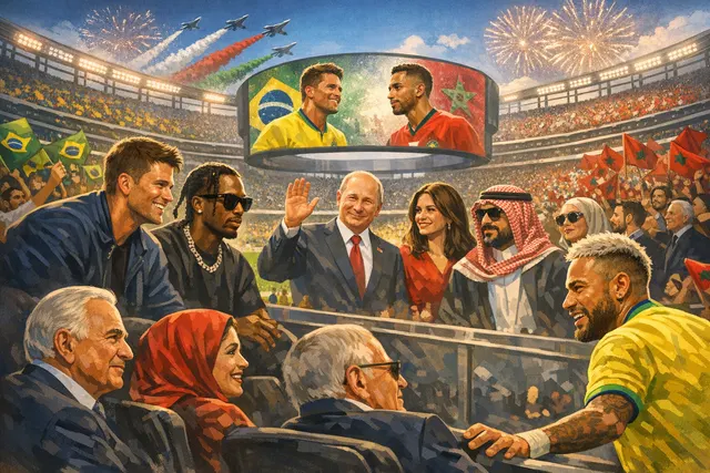 A split-scene editorial image of celebrities like Tom Brady and Travis Scott at MetLife Stadium alongside Vinicius Jr. scoring for Brazil during the 2026 World Cup opener against M