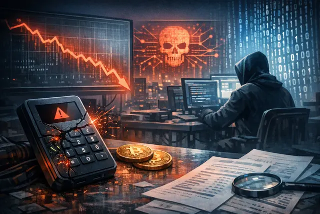 Dark abstract visualization of a Coldcard hardware wallet with broken shield and fragmented Bitcoin symbols, representing the 2026 firmware vulnerability and stolen cryptocurrency.