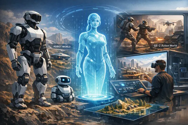 Conceptual humanoid robot connected to embodied-AI models, real-world data, simulation, and deployment systems