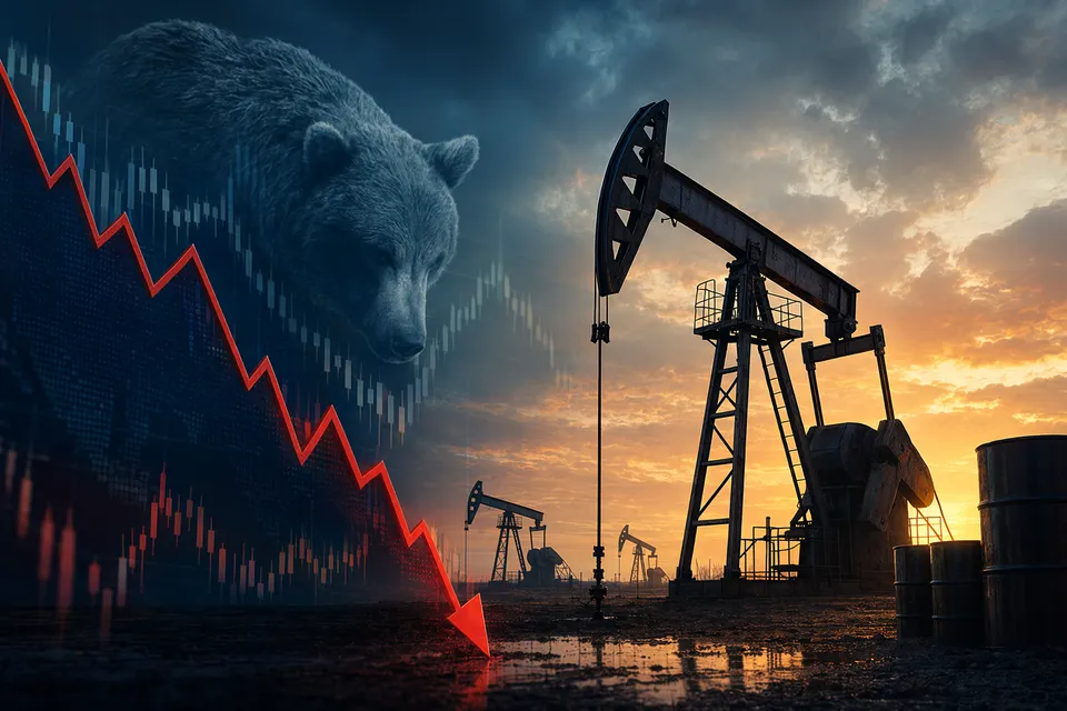 Oil market chart and tanker imagery representing massive Brent crude options bet and geopolitical volatility