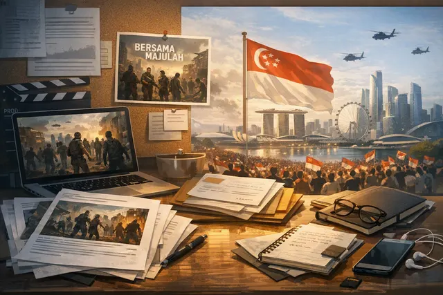 A haunting AI-generated scene of a zombie apocalypse at a National Day Parade in fictional Lionara, with infected citizens in red and white attire and a crumbling city backdrop.