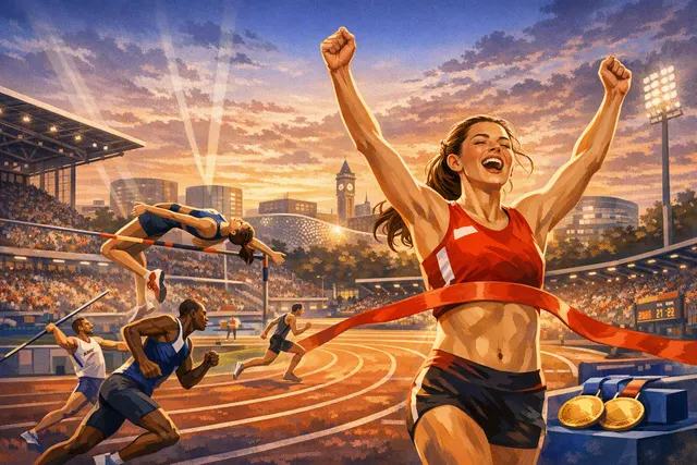 AI-generated editorial hero image for the day five results of the 2026 European Athletics Championships in Birmingham.