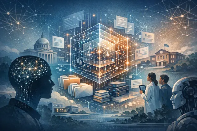 Abstract illustration of an organization’s governed AI memory repository connected to interchangeable language models