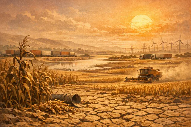Editorial illustration of drought-stricken European farmland, low rivers and disrupted grain transport