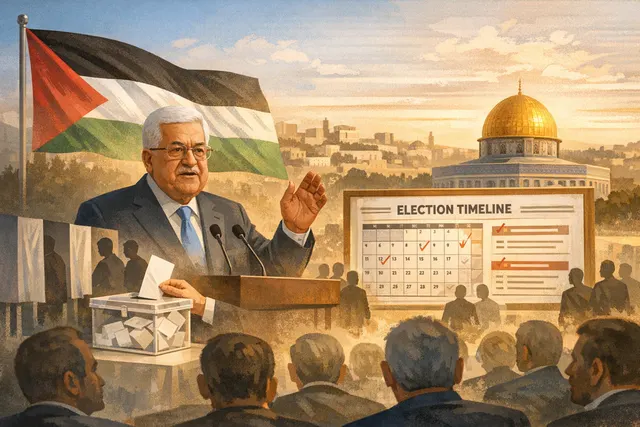 Palestinian President Mahmoud Abbas signing an electoral reform decree in Ramallah, with the Palestinian flag in the background.