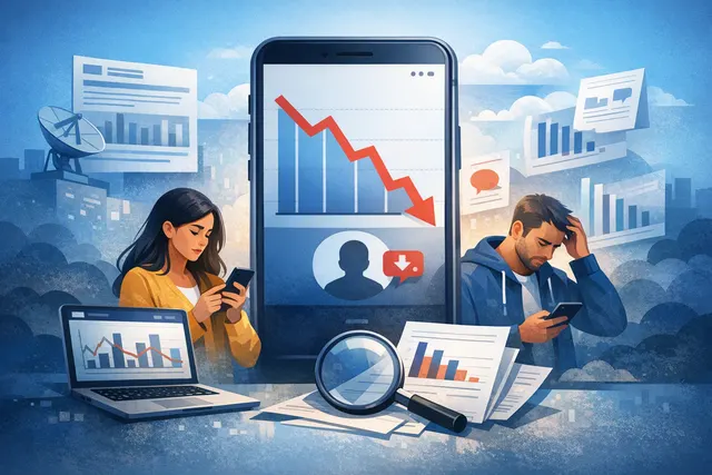 Bluesky mobile app interface showing user metrics with a downward trend chart, overlaid on a server rack symbolizing the AT Protocol ecosystem.