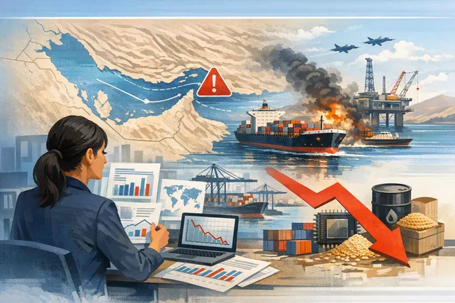 Illustration of a container ship navigating the Strait of Hormuz, representing the critical maritime chokepoint for global energy and trade flows disrupted in 2026.