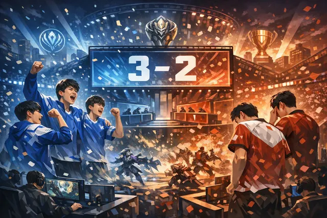 BLG players celebrating on stage after their 3-2 victory over Team WE to qualify for MSI 2026 and the LPL Split 2 grand final.