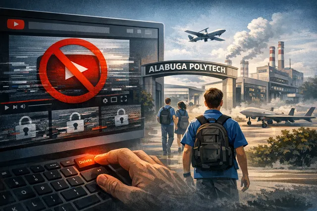 Digital illustration contrasting a YouTube interface with shadowy factory imagery, representing the removal of promotional videos for a Russian college recruiting teenagers to asse