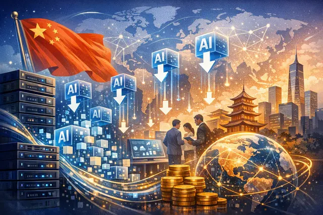 Abstract illustration of a global network map highlighting data flows between China and the rest of the world, representing open-weight AI model distribution and token traffic.