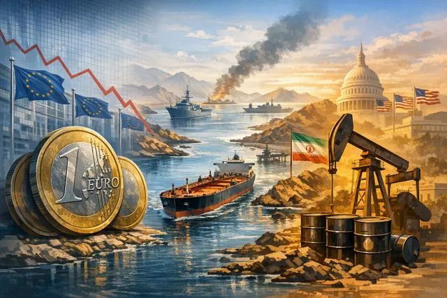 Stylized map of the Strait of Hormuz with oil barrels, falling euro symbol, and stock market chart, illustrating the geopolitical-to-market chain reaction on August 11, 2026.
