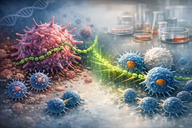 Illustration of TRAILshort protein binding to death receptors DR4 and DR5 on a cancer cell surface, blocking TRAIL-mediated apoptosis and disrupting T-cell receptor signaling