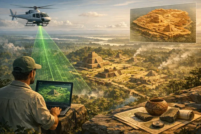 AI-generated visualization of geometric earthworks and geoglyphs discovered by LiDAR beneath the Amazon rainforest canopy