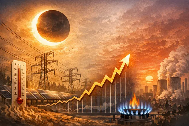 Illustration of a solar eclipse over a European city skyline, with power lines and wind turbines in the foreground, representing the impact on electricity grids.