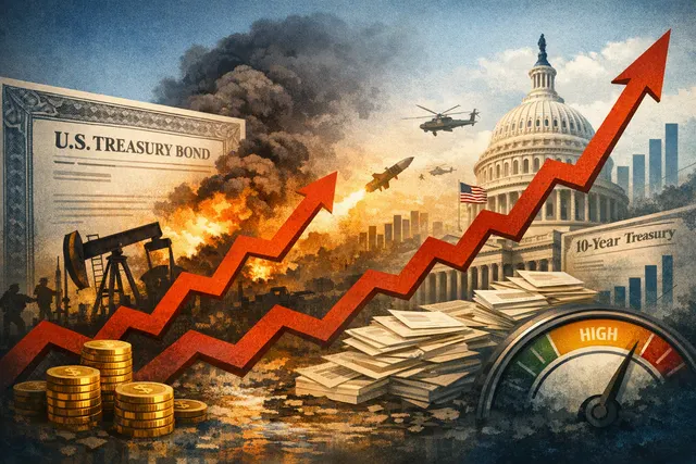 Editorial illustration of a global bond market selloff, rising Treasury yields and oil-price uncertainty