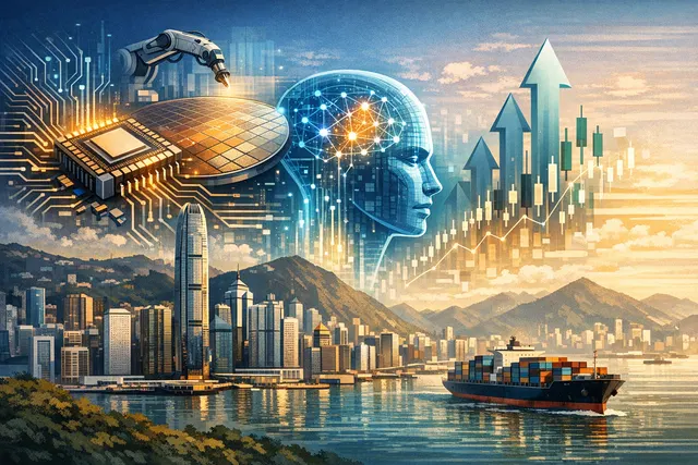 A stylized financial graph with upward trending lines over a futuristic semiconductor and AI circuit board background