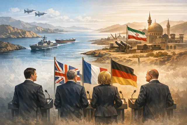 European and Iranian flags behind a stylized map of the Strait of Hormuz illustrating diplomatic tension