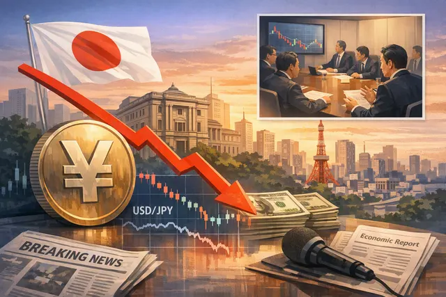 Japanese yen banknotes and US dollar bills arranged around a financial chart showing a sharp yen appreciation spike, illustrating the 1.1% surge to 156.68 triggered by weak US jobs
