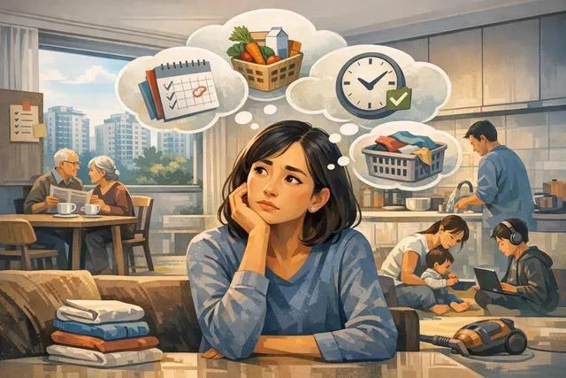 Illustration of a Singaporean family using connected-home technology to manage household routines