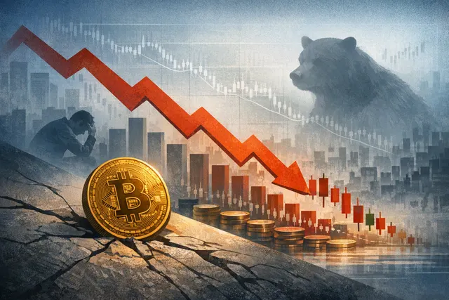 A downward-trending chart of crypto perpetual futures volume overlaid on a dark blue background with Bitcoin and exchange logos, representing the market downturn.