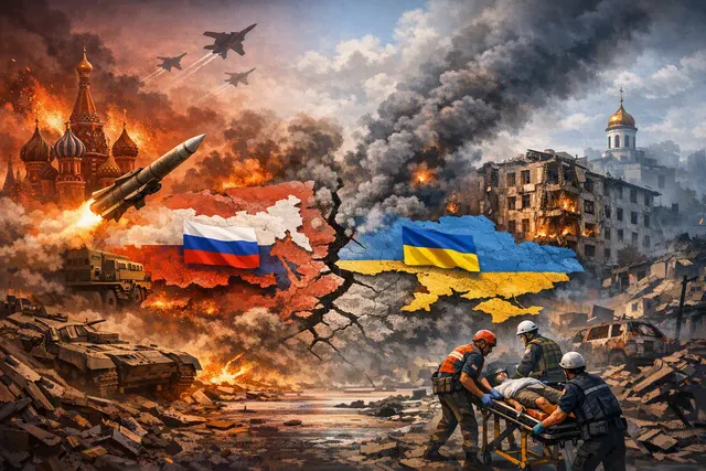 AI-generated editorial image depicting a night scene with smoke rising from an industrial area, representing the recent drone and missile strikes between Russia and Ukraine in earl