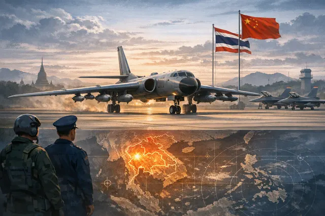 Silhouette of a Chinese H-6 bomber aircraft against a sunset sky, representing strategic military power projection in Southeast Asia