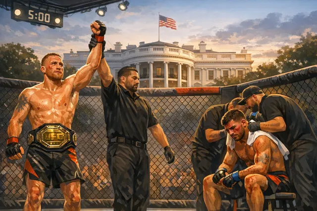 Justin Gaethje celebrates after defeating Ilia Topuria by TKO at UFC Freedom 250 to become the undisputed lightweight champion
