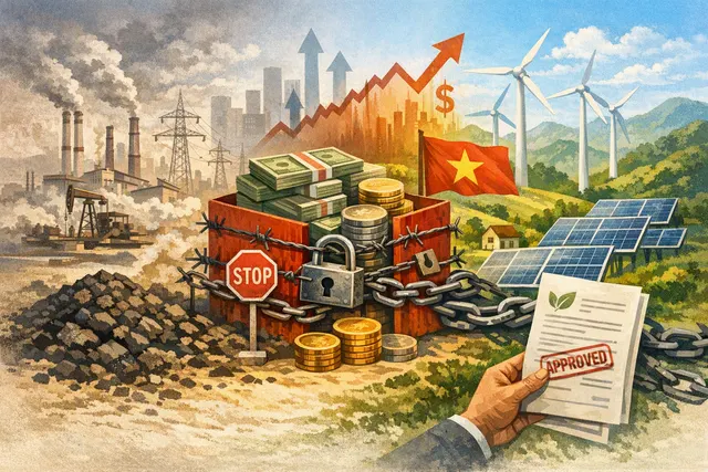 A conceptual image representing Vietnam's green finance and net-zero transition, showing financial charts, renewable energy icons, and the Ho Chi Minh City skyline.